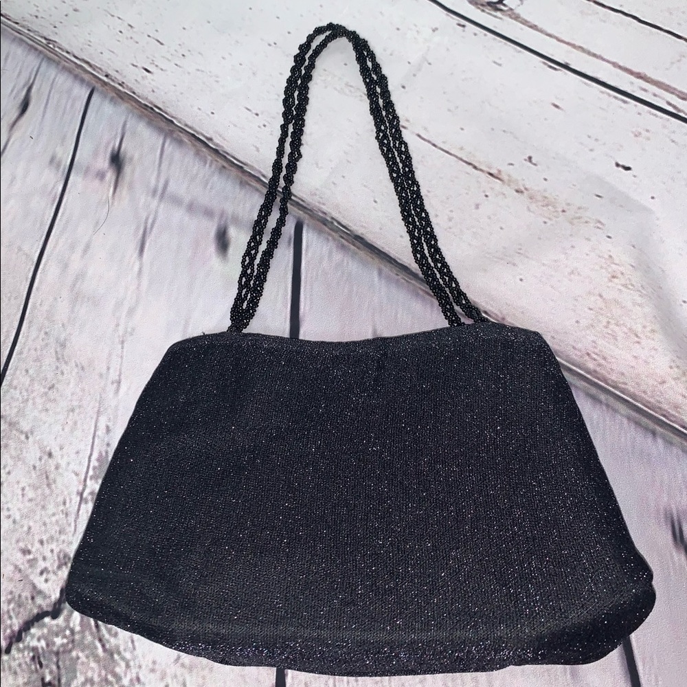 Small Shimmer Evening Bag Beaded Straps Black Blue